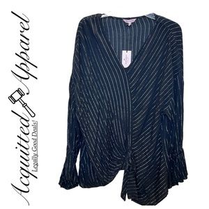 Juicy Couture Low Cut Tie Front Black Silver Metallic Crepe Top XL